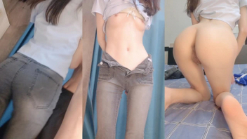 紧身牛仔裤Q弹蜜桃臀,00后清纯大长腿美少女,高挑的身材站立后
